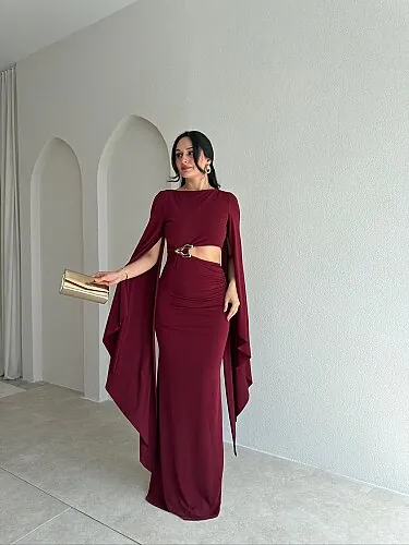 SORENTA Bel Detaylı Maxi Elbise 4019 - Bordo - Mooi Butik