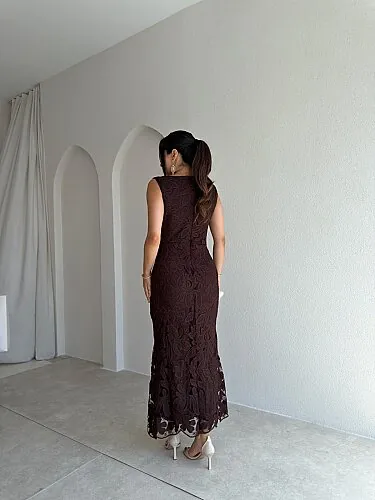 STEPHAN Desenli Midi Elbise 4072 - Acı Kahve - 3