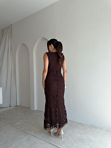 STEPHAN Desenli Midi Elbise 4072 - Acı Kahve - 3