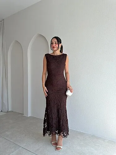STEPHAN Desenli Midi Elbise 4072 - Acı Kahve - Mooi Butik