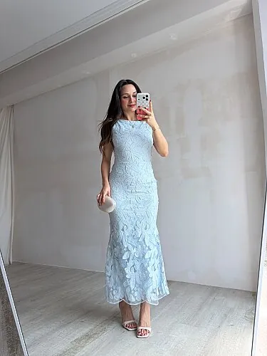 STEPHAN Desenli Midi Elbise 4072 - Bebe Mavisi - 3
