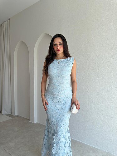 STEPHAN Desenli Midi Elbise 4072 - Bebe Mavisi - 2