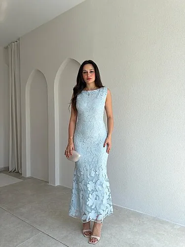 STEPHAN Desenli Midi Elbise 4072 - Bebe Mavisi - Mooi Butik