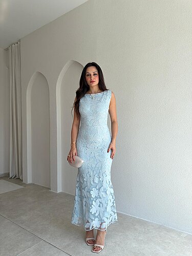 STEPHAN Desenli Midi Elbise 4072 - Bebe Mavisi - 1