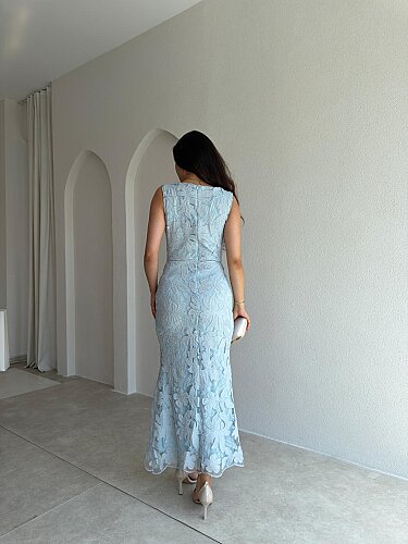STEPHAN Desenli Midi Elbise 4072 - Bebe Mavisi - 4