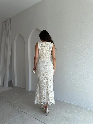 STEPHAN Desenli Midi Elbise 4072 - Krem Rengi - 3