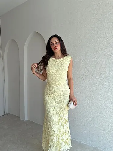 STEPHAN Desenli Midi Elbise 4072 - Sarı - 3