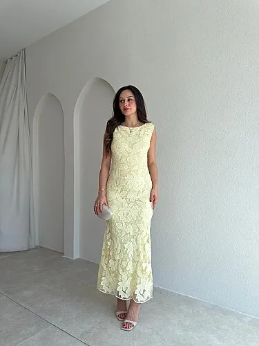 STEPHAN Desenli Midi Elbise 4072 - Sarı 