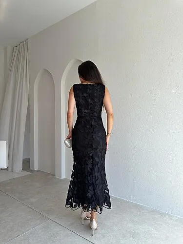  STEPHAN Desenli Midi Elbise 4072 - Siyah - 3