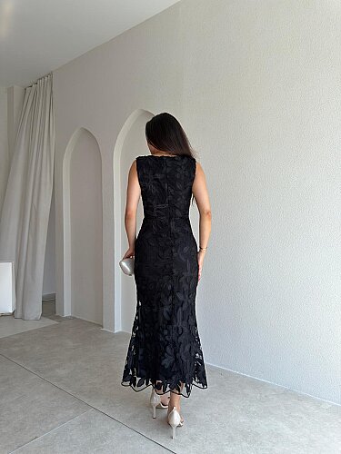  STEPHAN Desenli Midi Elbise 4072 - Siyah - 3
