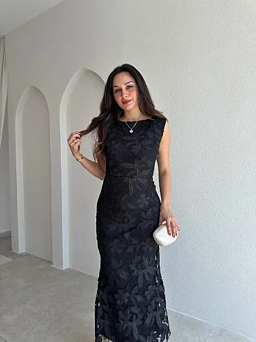  STEPHAN Desenli Midi Elbise 4072 - Siyah - 2