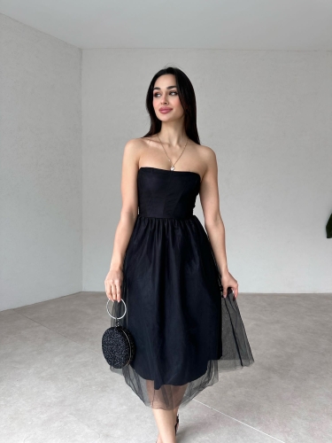 Straplez Midi JANOWİT Elbise 4401 - Siyah