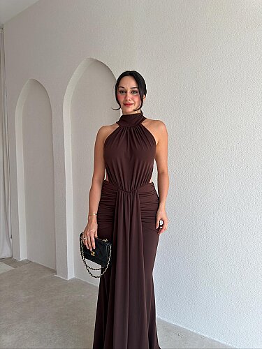 TAMARA Sırt Dekolteli Maxi Elbise 4109 - Acı Kahve - 3