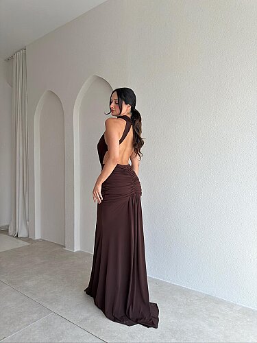 TAMARA Sırt Dekolteli Maxi Elbise 4109 - Acı Kahve - 2