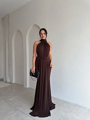 TAMARA Sırt Dekolteli Maxi Elbise 4109 - Acı Kahve - Mooi Butik