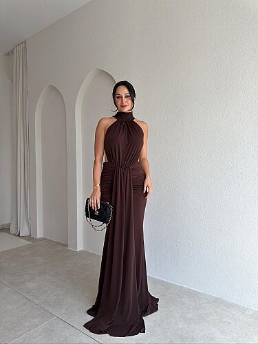 TAMARA Sırt Dekolteli Maxi Elbise 4109 - Acı Kahve - 1