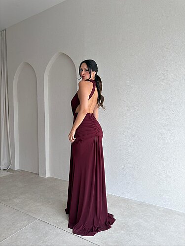 TAMARA Sırt Dekolteli Maxi Elbise 4109 - Bordo - 1
