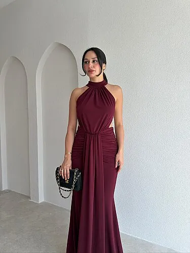 TAMARA Sırt Dekolteli Maxi Elbise 4109 - Bordo - 3