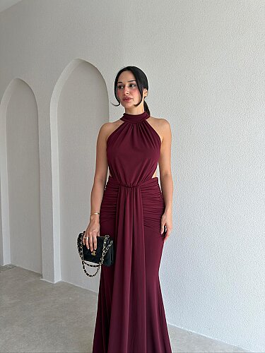 TAMARA Sırt Dekolteli Maxi Elbise 4109 - Bordo - 3