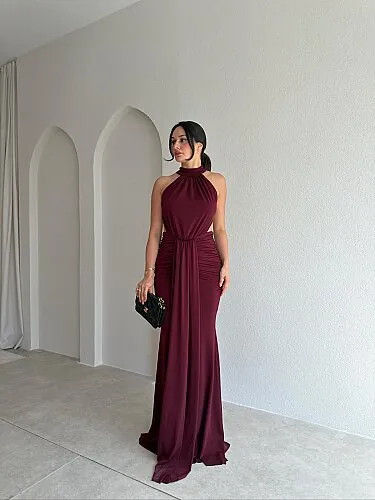 TAMARA Sırt Dekolteli Maxi Elbise 4109 - Bordo - 2