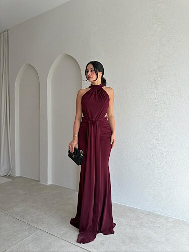 TAMARA Sırt Dekolteli Maxi Elbise 4109 - Bordo - 2