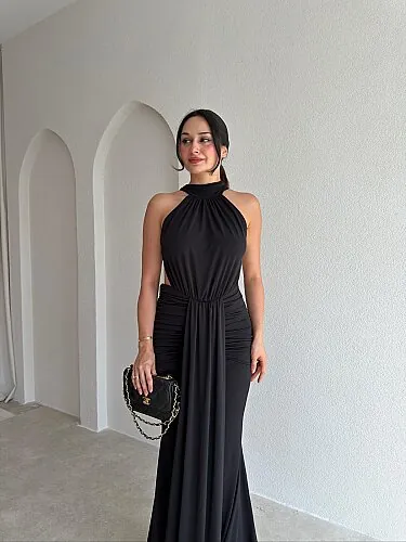 TAMARA Sırt Dekolteli Maxi Elbise 4109 - Siyah - 2