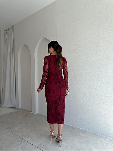 TARES Sim Detaylı Midi Elbise 4110 - Bordo - 2