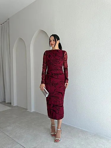TARES Sim Detaylı Midi Elbise 4110 - Bordo - Mooi Butik