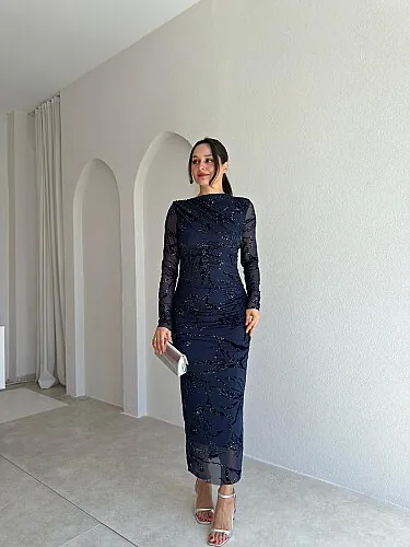 TARES Sim Detaylı Midi Elbise 4110 - Lacivert - Mooi Butik