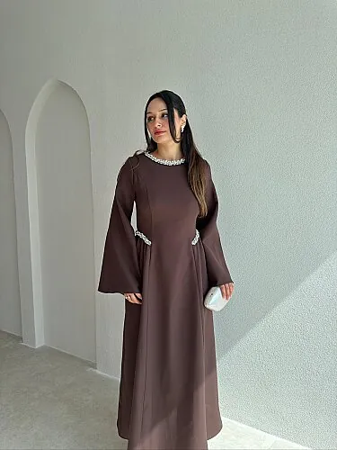 TARİA Taş Detaylı Midi Elbise 4353 - Acı Kahve - 2