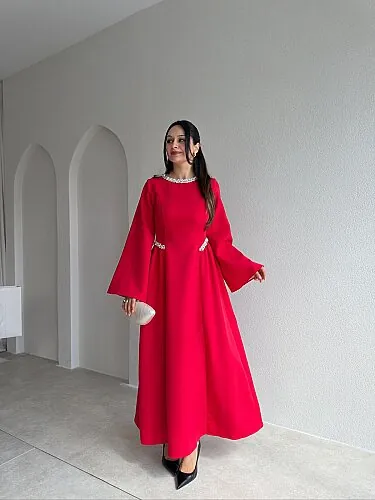 TARİA Taş Detaylı Midi Elbise 4353 - Kırmızı - Mooi Butik
