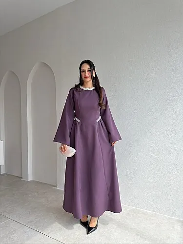 TARİA Taş Detaylı Midi Elbise 4353 - Mor - Mooi Butik