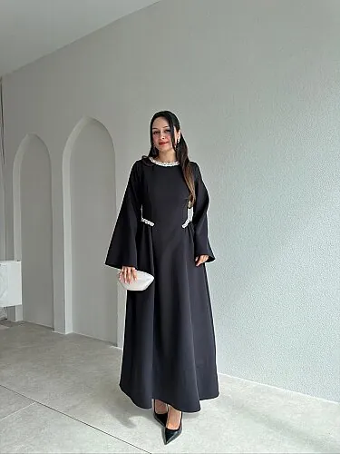 TARİA Taş Detaylı Midi Elbise 4353 - Siyah - Mooi Butik