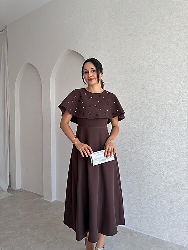 TATE Taşlı Pelerinli Midi Elbise 4387 - Acı Kahve 
