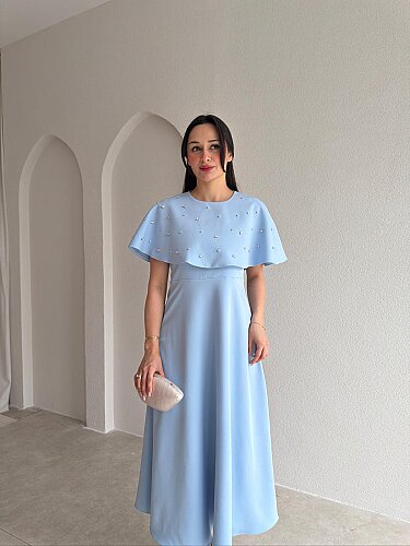 TATE Taşlı Pelerinli Midi Elbise 4387 - Bebe Mavisi 