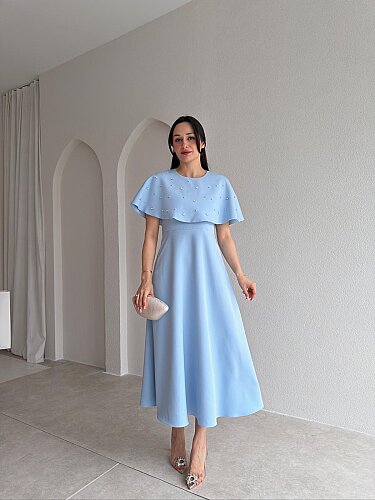 TATE Taşlı Pelerinli Midi Elbise 4387 - Bebe Mavisi - 2
