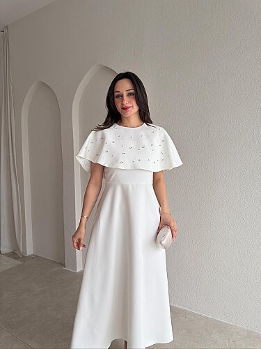  TATE Taşlı Pelerinli Midi Elbise 4387 - Beyaz 