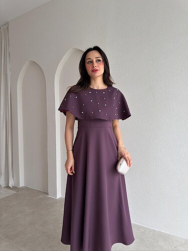 TATE Taşlı Pelerinli Midi Elbise 4387 - Mor - 1