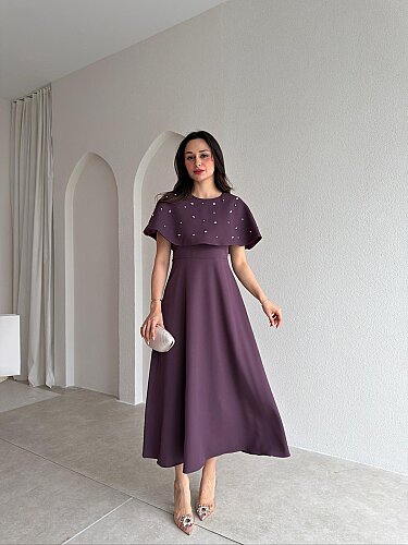 TATE Taşlı Pelerinli Midi Elbise 4387 - Mor - 2