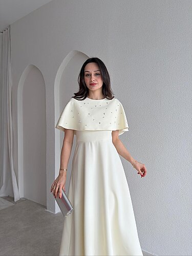  TATE Taşlı Pelerinli Midi Elbise 4387 - Sarı 