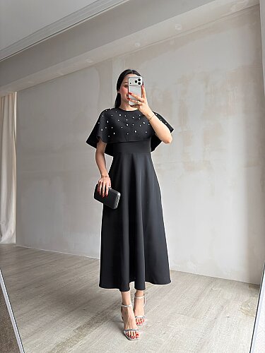TATE Taşlı Pelerinli Midi Elbise 4387 - Siyah - 3