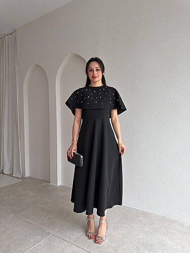 TATE Taşlı Pelerinli Midi Elbise 4387 - Siyah - 2