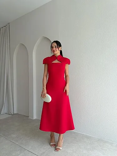 TAYWİN Midi Elbise 4104 - Kırmızı - Mooi Butik