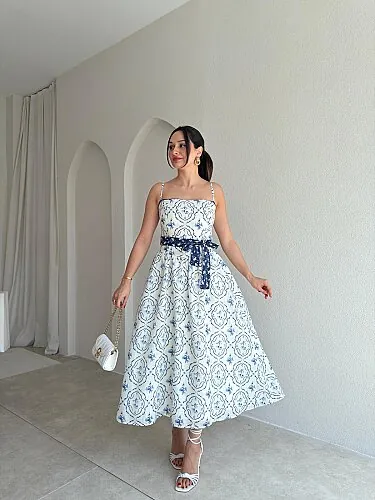 TETRA Desenli Midi Elbise 4085 - Mavi - Mooi Butik