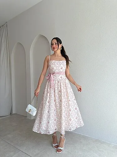 TETRA Desenli Midi Elbise 4085 - Pembe - Mooi Butik