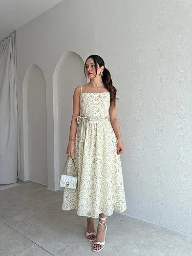 TETRA Desenli Midi Elbise 4085 - Sarı - Mooi Butik