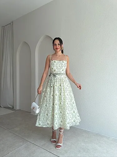 TETRA Desenli Midi Elbise 4085 - Yeşil - Mooi Butik