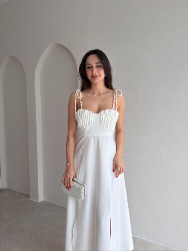 TİLA Midi Elbise 6880 Beyaz