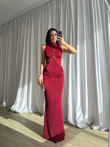  TOMY Aksesuarlı Maxi Elbise 1698 - Bordo - 3