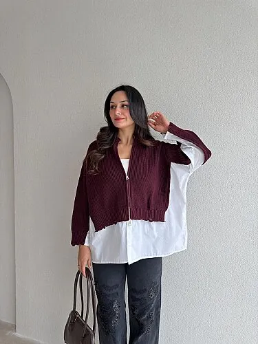 TONY Gömlek Detaylı Triko Hırka 4698 - Bordo - Mooi Butik